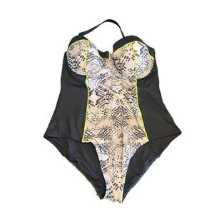 Tropic Culture Women 18 One Piece Swim Suit Black Grey Molded Cup Push Up 80’s